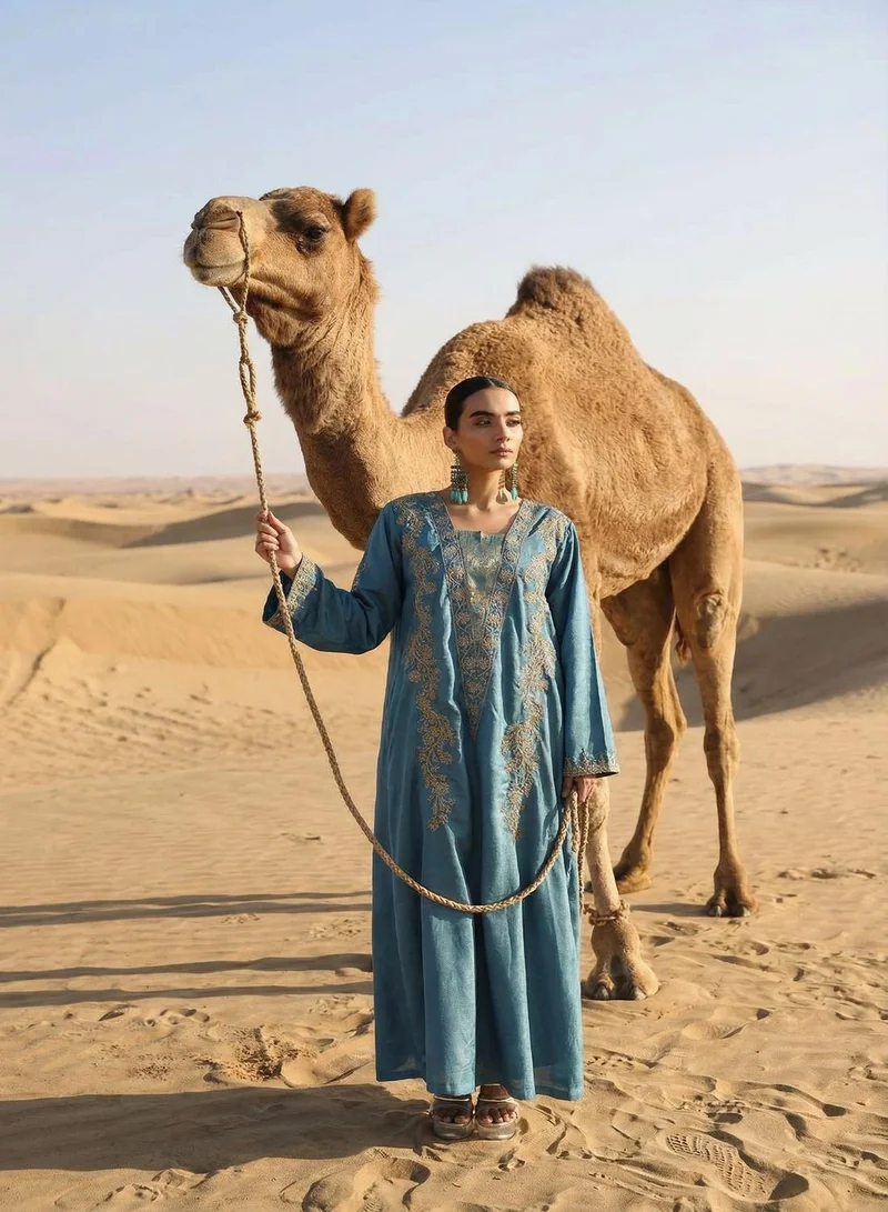 آي شين Blue Floral Zari Embroidered Brocade Abaya